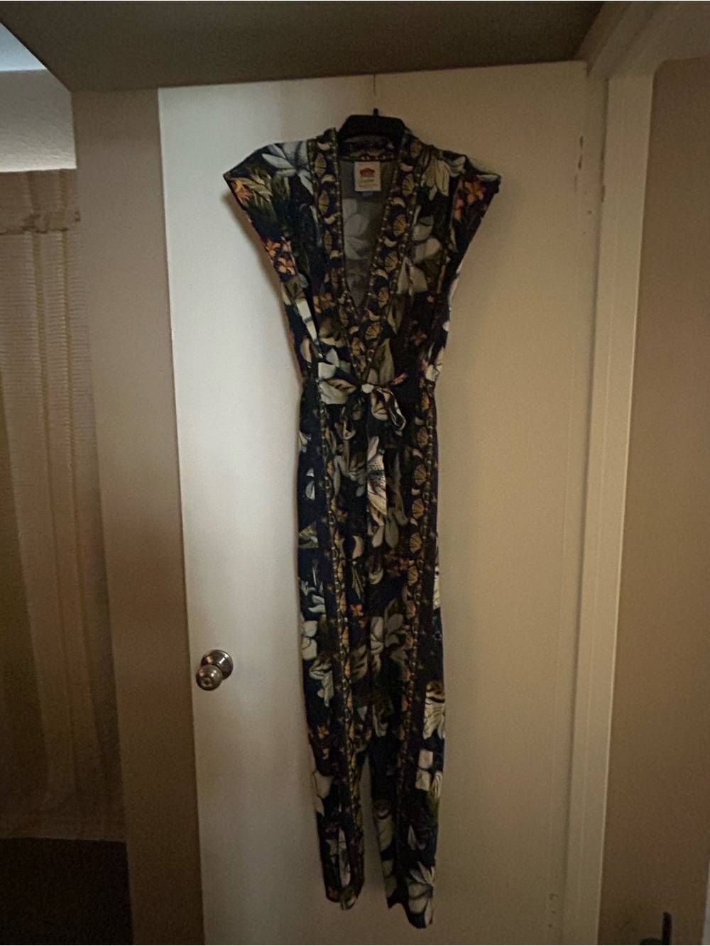 FARM Rio Anthropologie Navy Floral zip up jumpsuit with self-tie waist